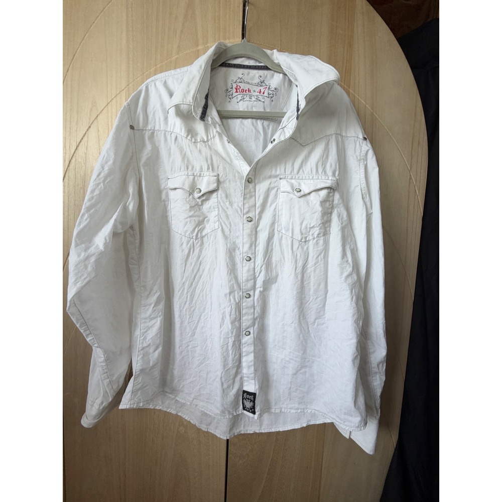 Rock 47 Western Snap Shirt XL White Embroidered Yoke Sleeve Casual Cowboy Rodeo